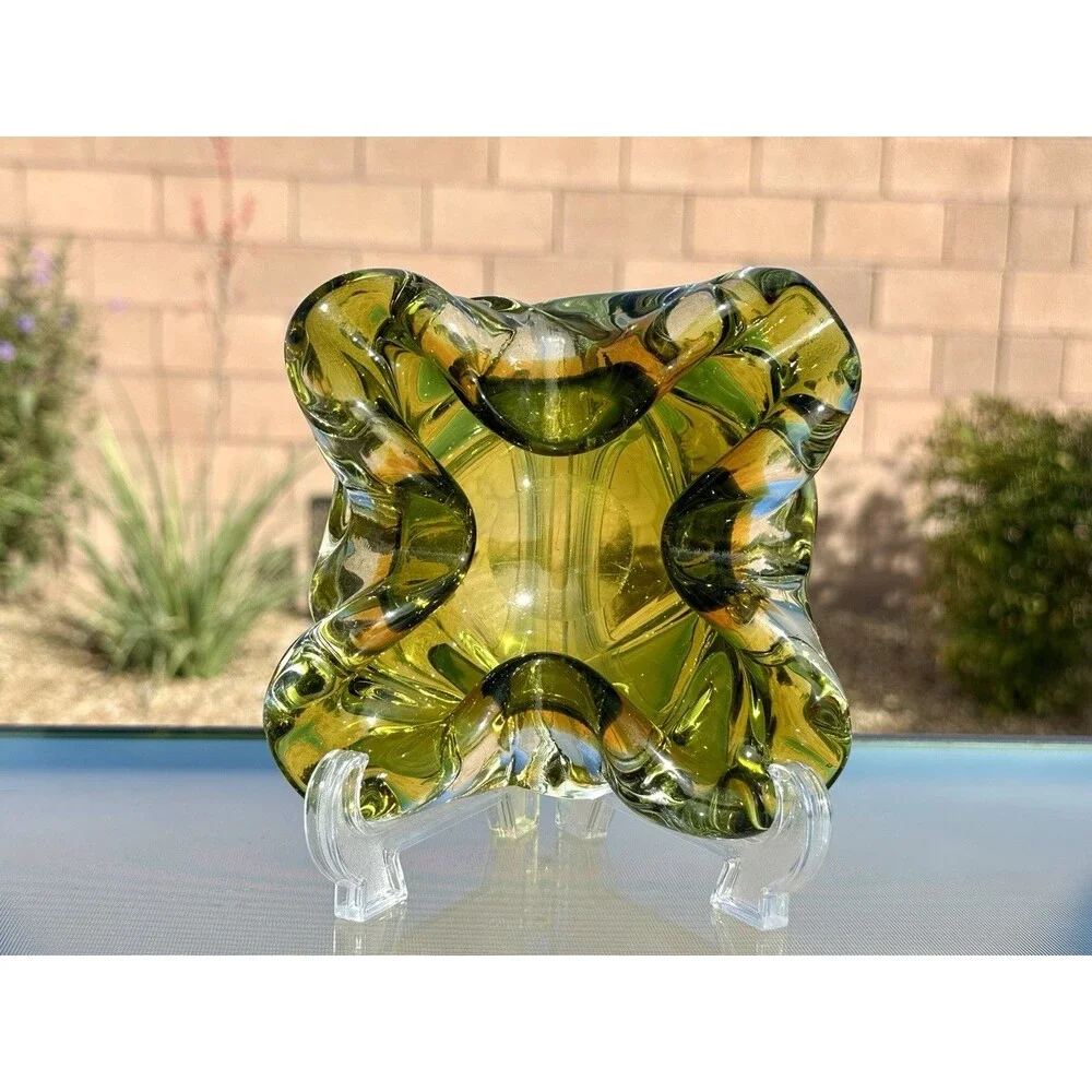 1960s XL Murano Cobalt Green Amber Ashtray/Trinket Dish Designed by Flavio Poli